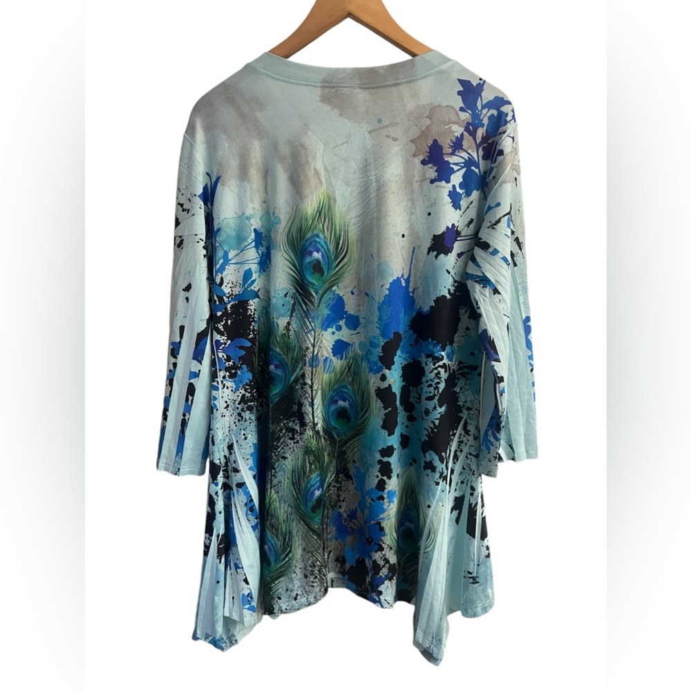 Jess & Jane Peacock Feather Print Bling Sharkbite Tunic Top 3/4 Slvs Size M - Picture 3 of 9
